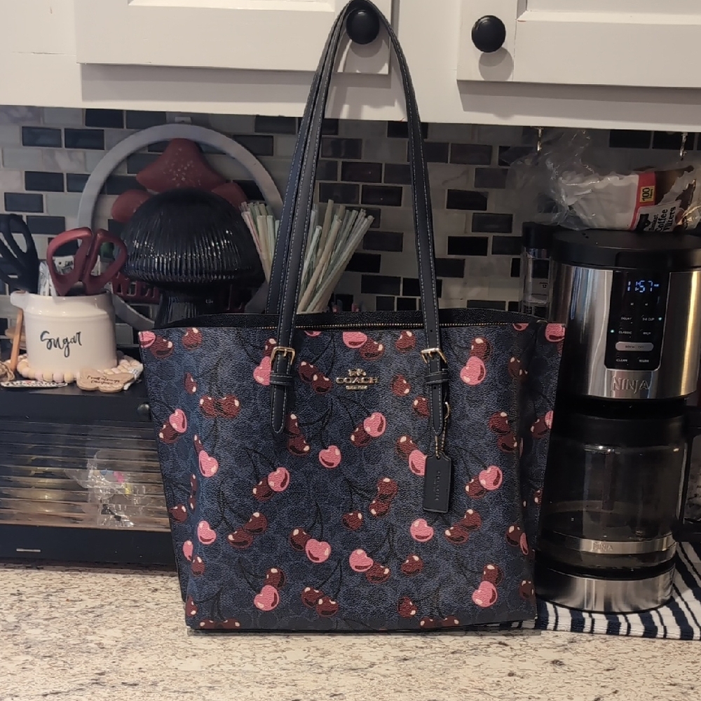 Coach Dark Blue Cherry Pattern Tote - image 1